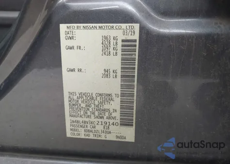 2019 Nissan Altima 2.5 S из США, поврежденный, VIN 1N4BL4BV3KC219140